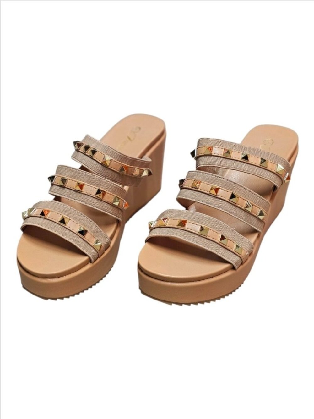 Studded Strap Nude Wedge Sandals For Women - Stylish Slip-On Platform Design Wit - Picture 2 of 12